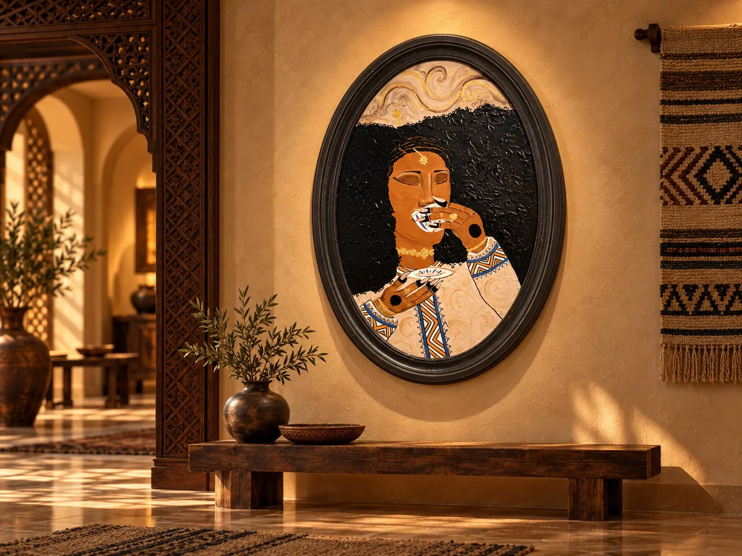 A Sip of Peace, an oval painting in a dark frame of a woman in an embroidered shawl holding a small cup to her lips, eyes closed.