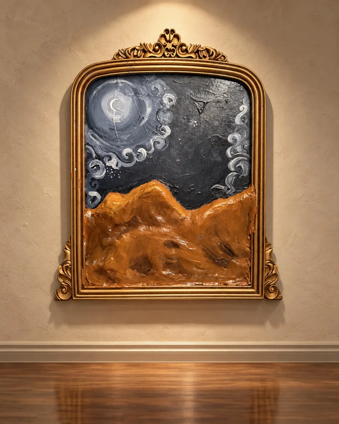 A Starry Night, an arched gilded frame holding a night sky of white swirling clouds and a pale moon above textured orange clay mountains.