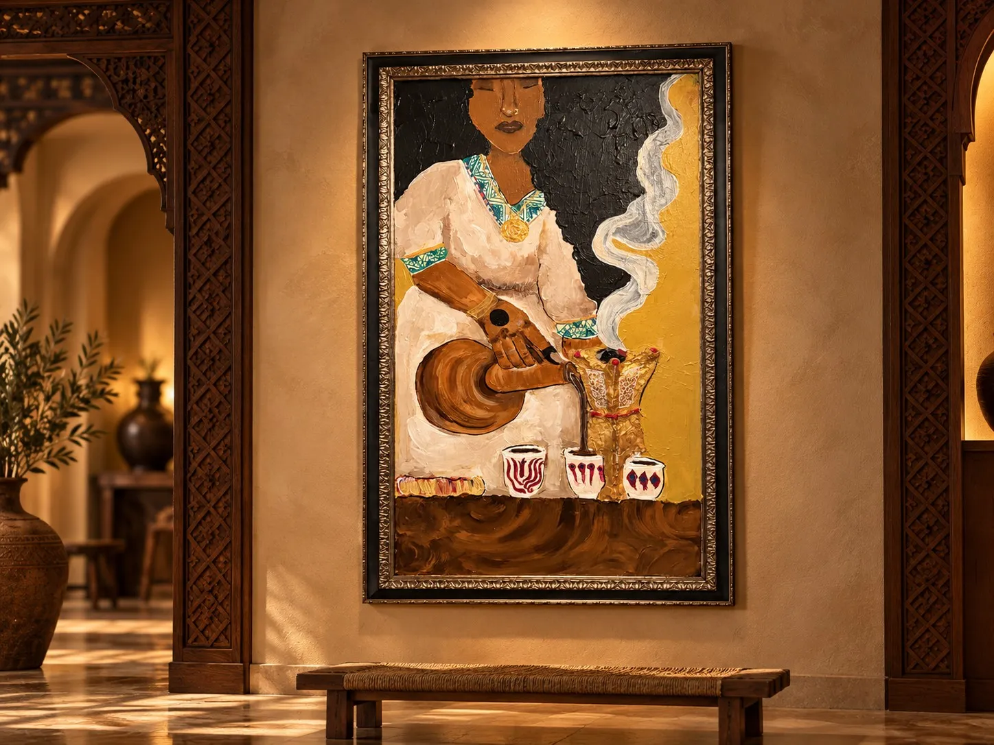 Ancestry, a framed painting of a woman in a white dress with green embroidery pouring coffee from a jabana into small cups, with a curl of smoke rising against a gold and black background.