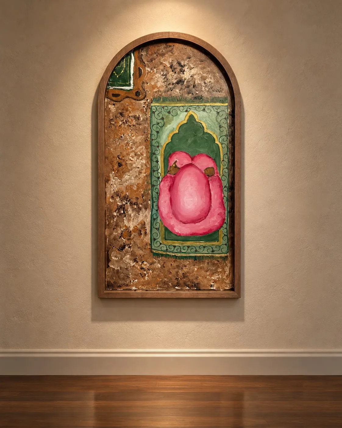 Angel's View, a tall arched panel of rough clay. A green prayer niche frames a pink rounded form, seen as if from above.