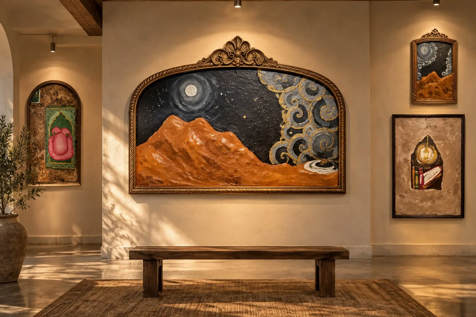 Four paintings from Born of a Dream hung together in a warmly lit gallery, the largest in an ornate gilded frame showing a starry sky over sculpted clay dunes.