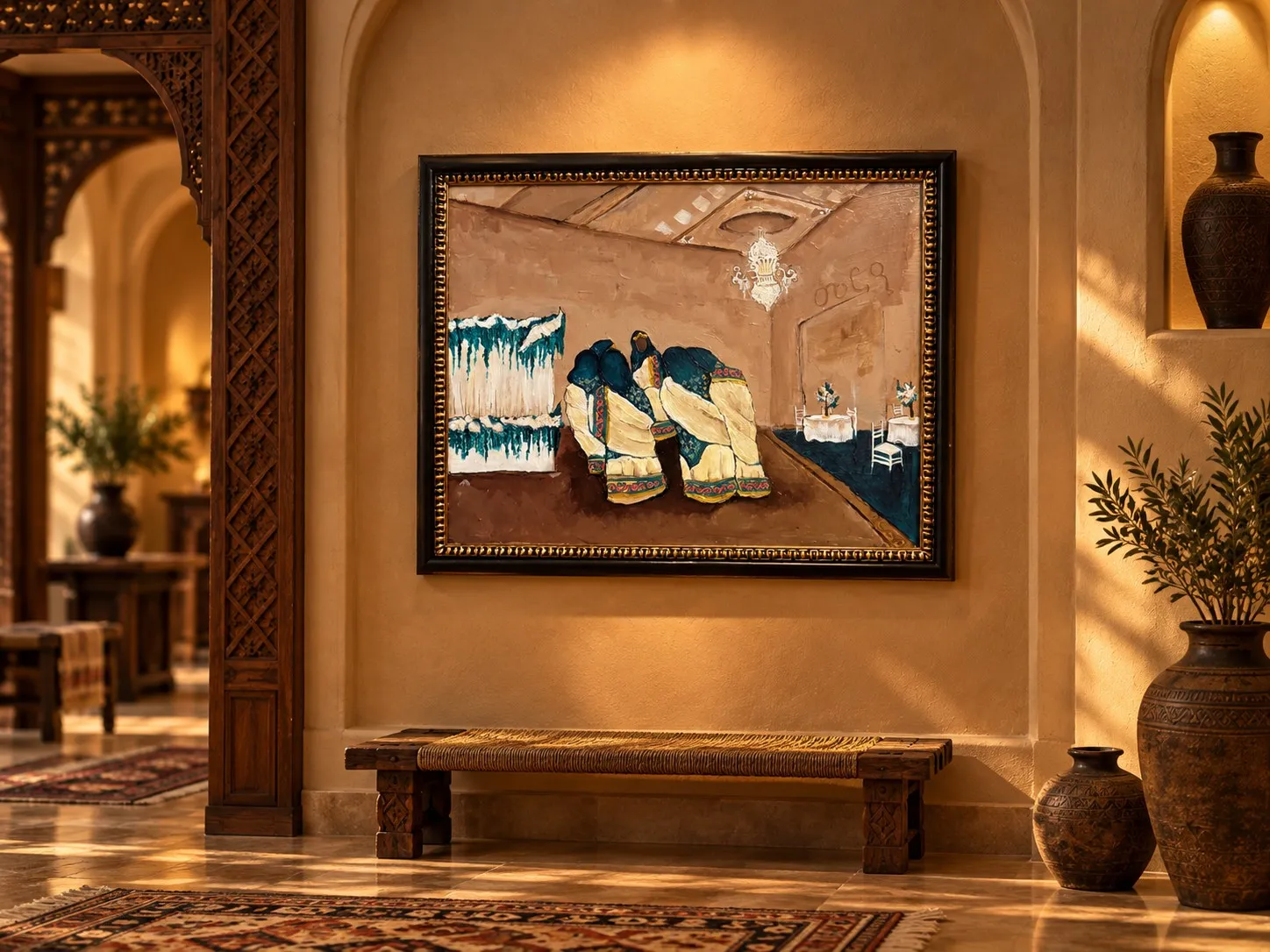 Celebration, a framed painting of women in matching cream and teal dresses gathered in a wedding hall under a chandelier.