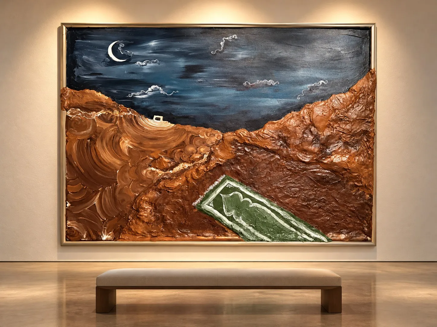 Home, a wide painting of a dark blue night sky with a crescent moon over deep brown clay desert ridges, with a green prayer mat laid across the sand.