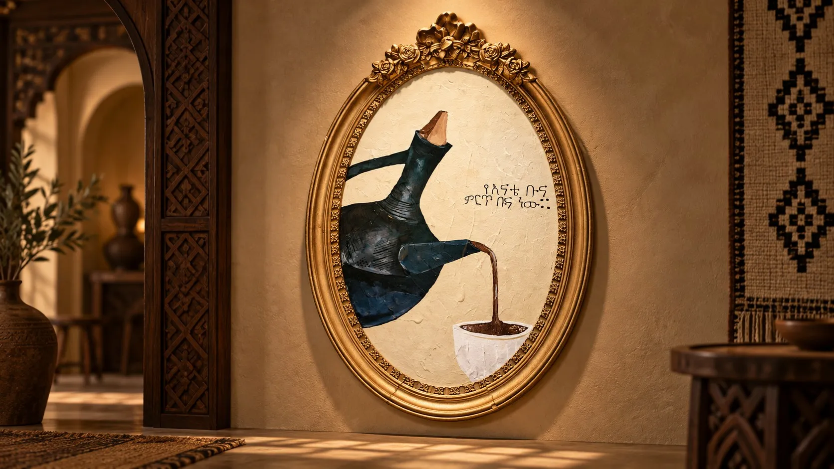 An oval gilded frame holding a painting of a black clay jabana pouring coffee into a white cup, with Amharic lettering beside it.