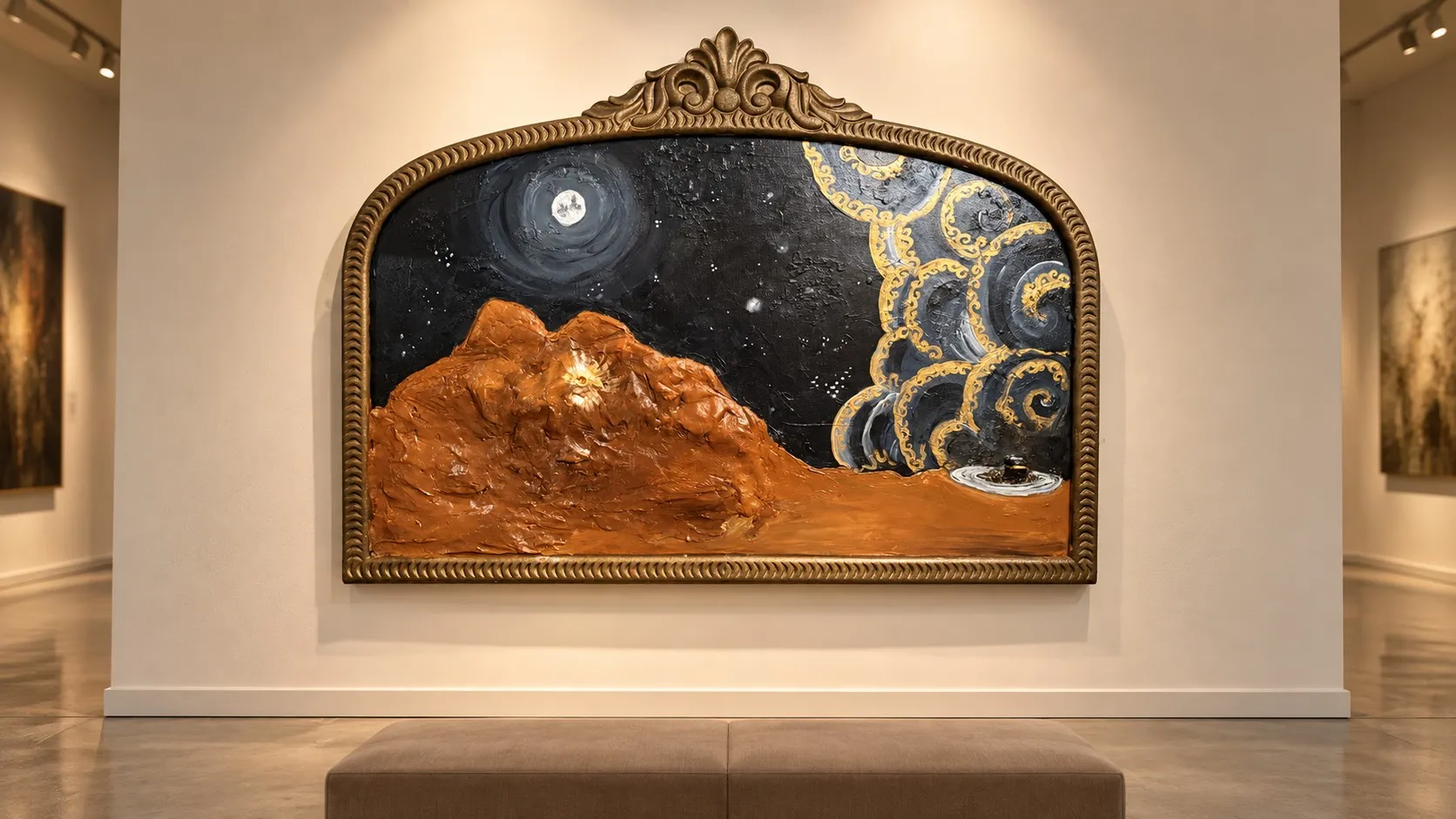 Nur Ala Nur, a wide painting in an ornate gilded frame. A starry night sky with a full moon and swirling gold and blue clouds over sculpted copper dunes.