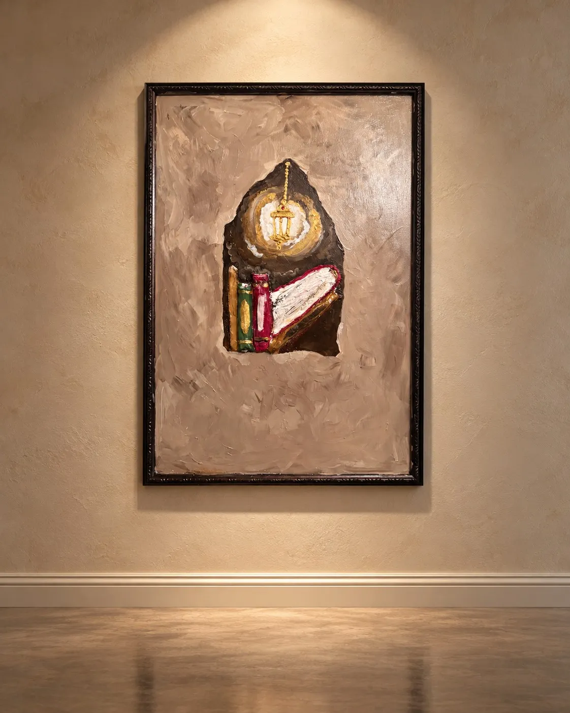 Seeking Knowledge, a painting in a black frame. A glowing lamp and a stack of books sit inside an arched niche cut into a textured clay wall.
